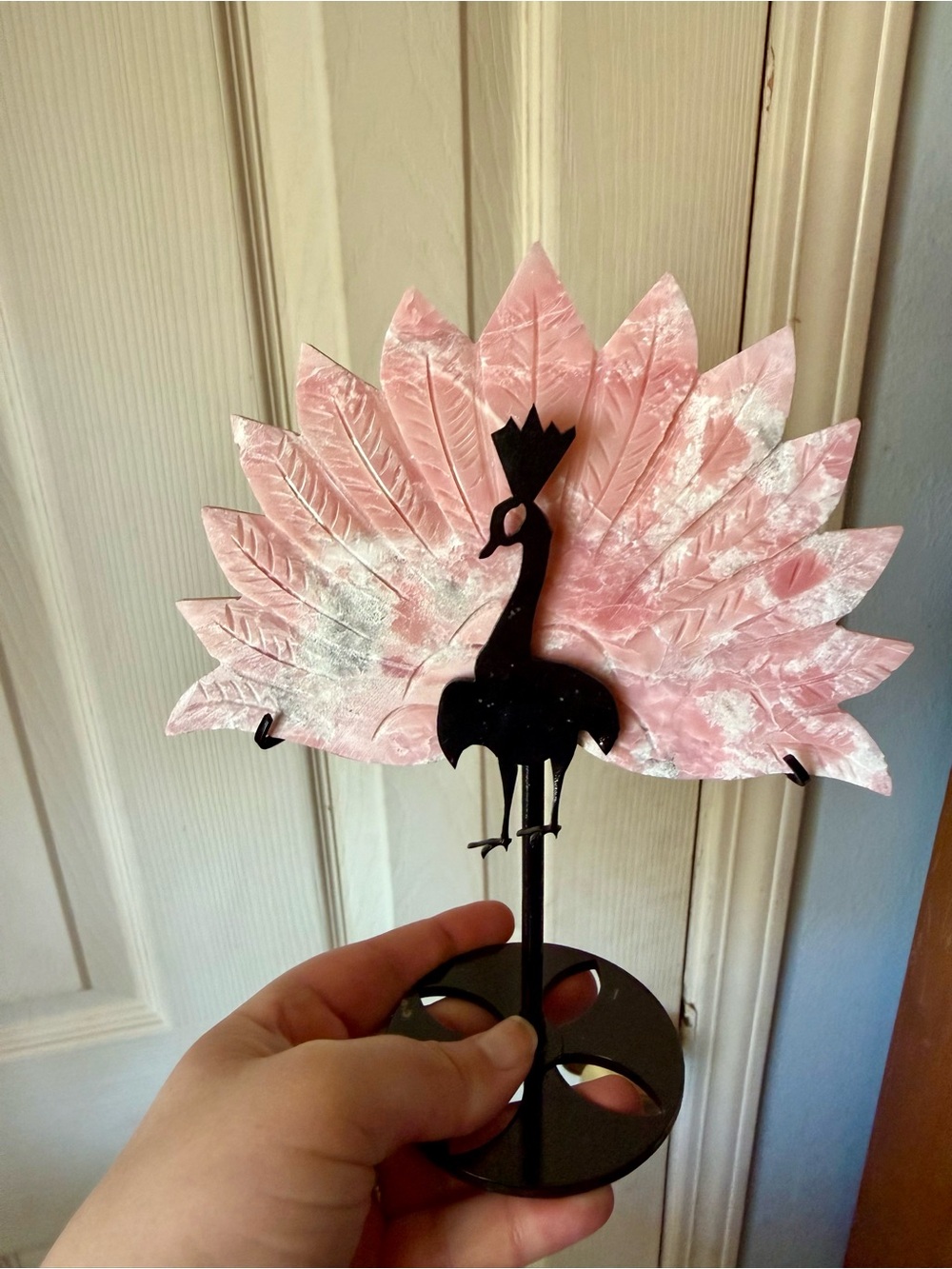 Pink Opal Peacock Tail with Metal Stand